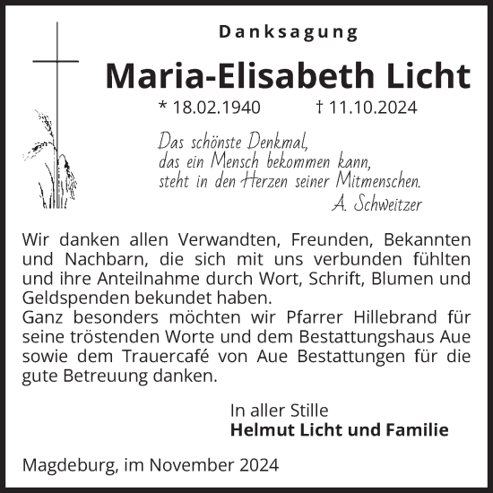 Traueranzeige von Maria-Elisabeth Licht von Volksstimme Magdeburg