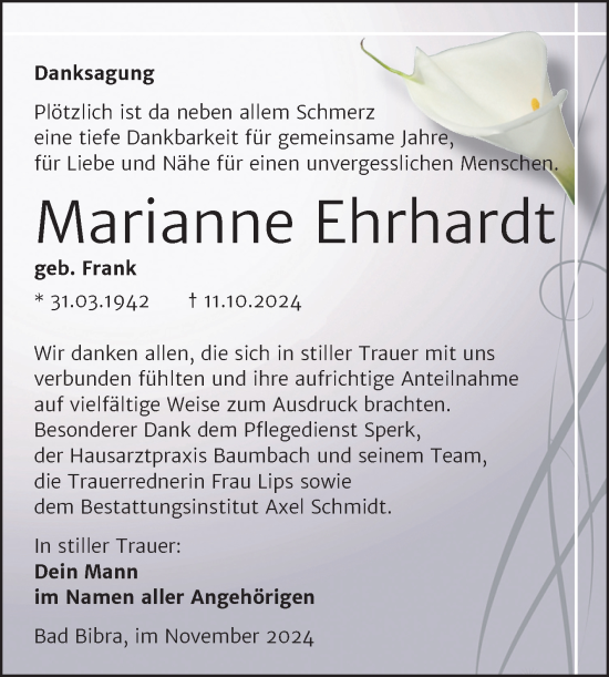 Traueranzeige von Marianne Ehrhardt von Super Sonntag Naumburg/Nebra