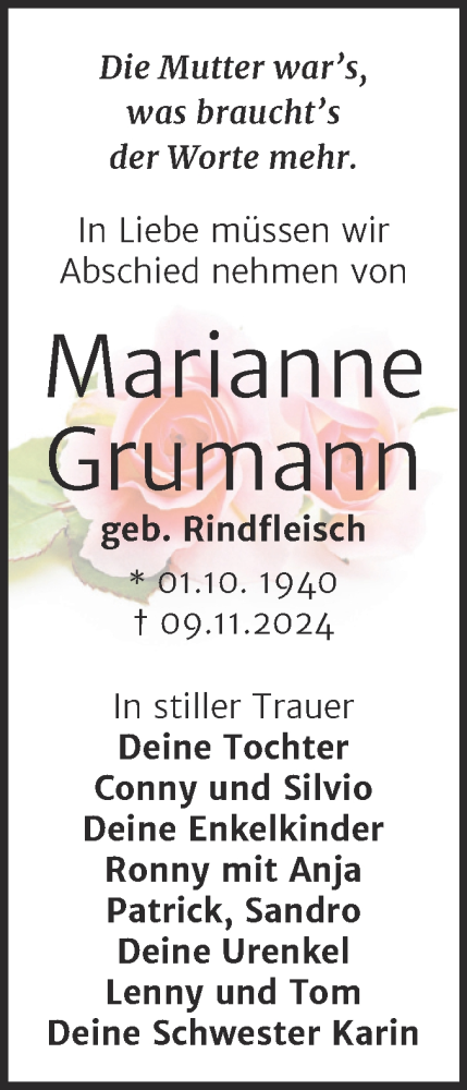 Traueranzeige von Marianne Grumann von Trauerkombi Quedlinburg