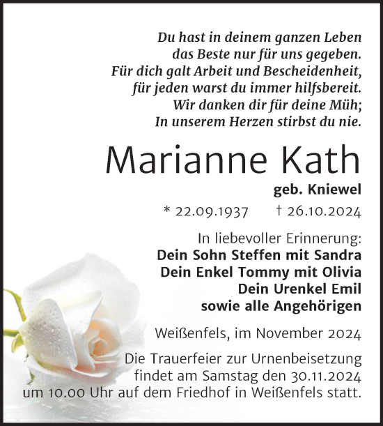 Traueranzeige von Marianne Kath von Trauerkombi Weißenfels