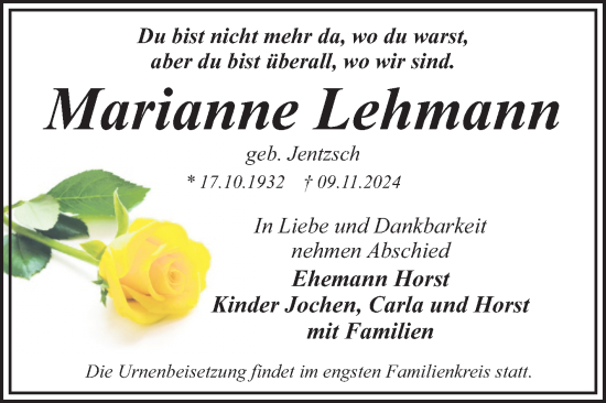 Traueranzeige von Marianne Lehmann von Trauerkombi Wittenberg