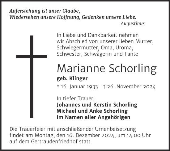 Traueranzeige von Marianne Schorling von Mitteldeutsche Zeitung Halle/Saalkreis