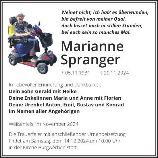 Traueranzeige von Marianne Spranger von Trauerkombi Weißenfels
