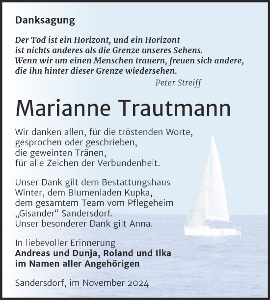 Traueranzeige von Marianne Trautmann von Trauerkombi Bitterfeld