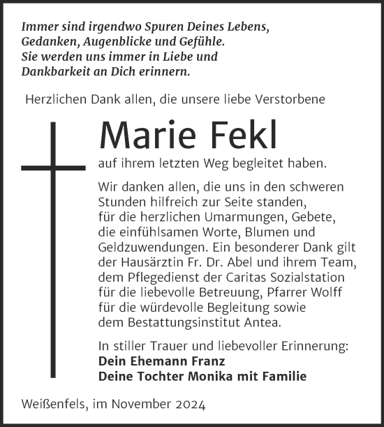 Traueranzeige von Marie Fekl von Trauerkombi Weißenfels