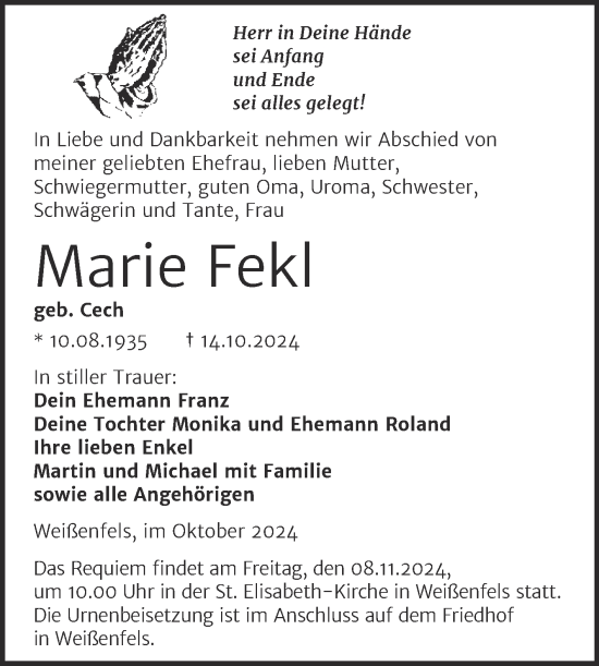 Traueranzeige von Marie Fekl von Trauerkombi Weißenfels