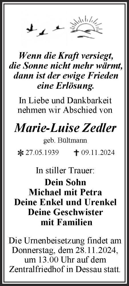 Traueranzeige von Marie-Luise Zedler von Trauerkombi Dessau