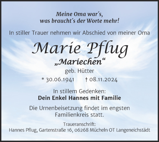 Traueranzeige von Marie Pflug von Trauerkombi Merseburg