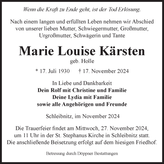 Traueranzeige von Marie Louise Kärsten von Volksstimme Oschersleben/Wanzleben