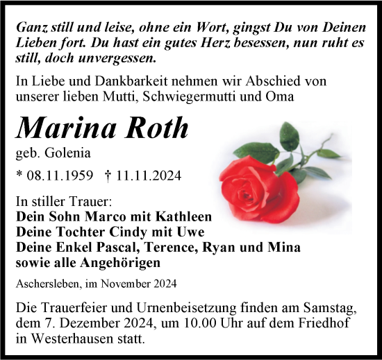 Traueranzeige von Marina Roth von Trauerkombi Aschersleben