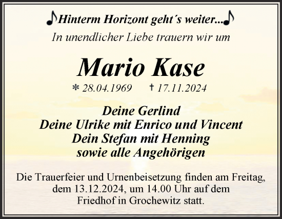 Traueranzeige von Mario Kase von Trauerkombi Wittenberg