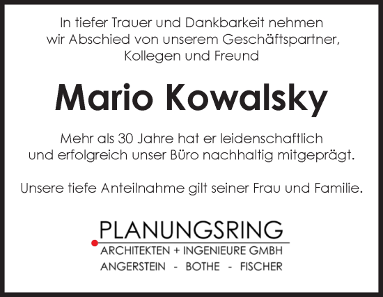 Traueranzeige von Mario Kowalsky von Volksstimme Wernigerode