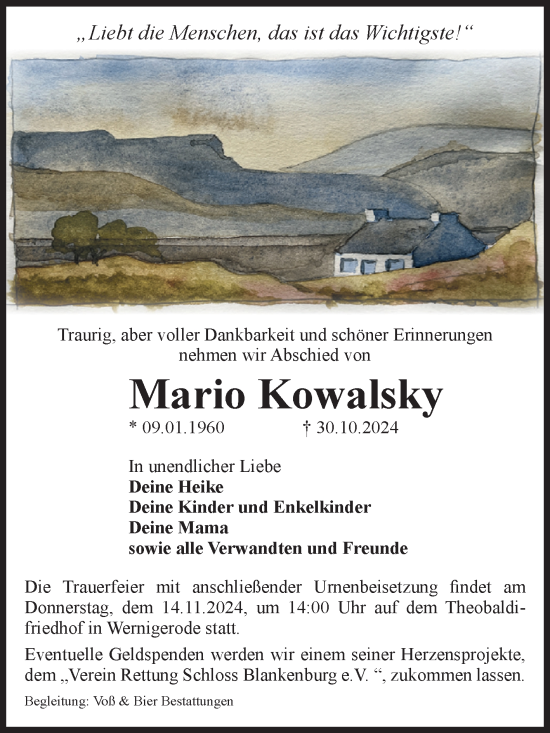 Traueranzeige von Mario Kowalsky von Volksstimme Wernigerode