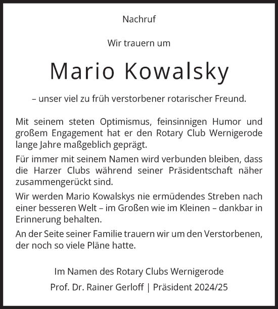 Traueranzeige von Mario Kowalsky von Volksstimme Wernigerode