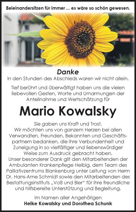 Traueranzeige von Mario Kowalsky von Volksstimme Wernigerode
