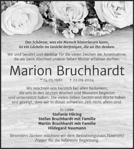 Traueranzeige von Marion Bruchhardt von Trauerkombi Bitterfeld