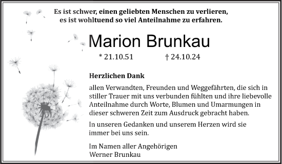 Traueranzeige von Marion Brunkau von Trauerkombi Quedlinburg