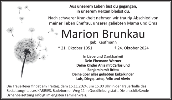 Traueranzeige von Marion Brunkau von Trauerkombi Quedlinburg