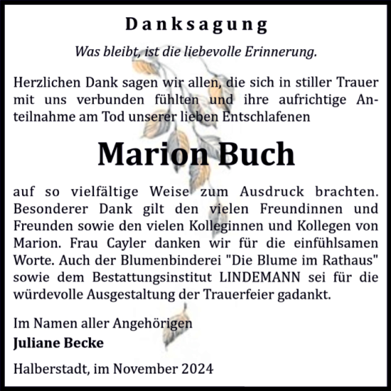 Traueranzeige von Marion Buch von Volksstimme Halberstadt