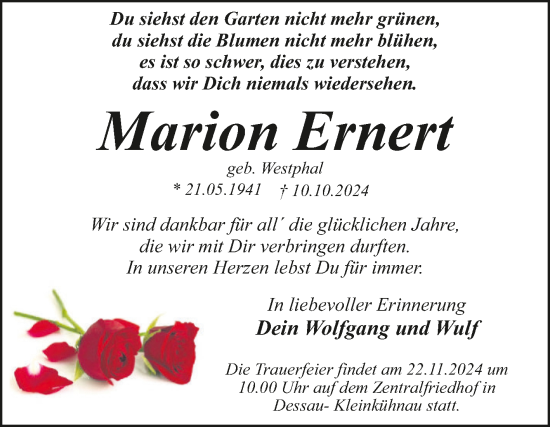 Traueranzeige von Marion Ernert von Trauerkombi Dessau