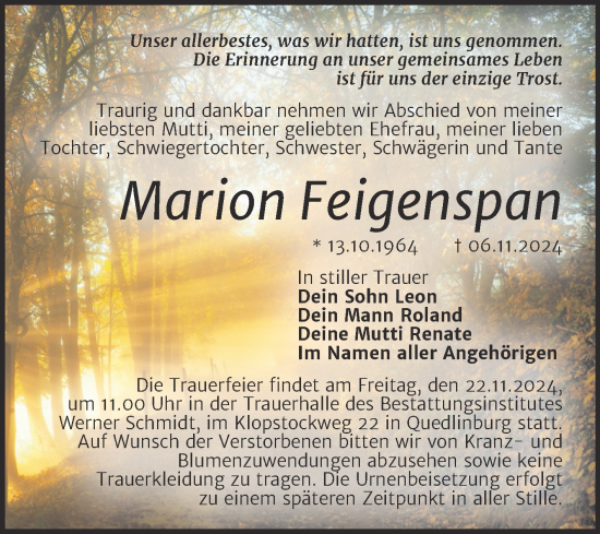 Traueranzeige von Marion Feigenspan von Trauerkombi Quedlinburg