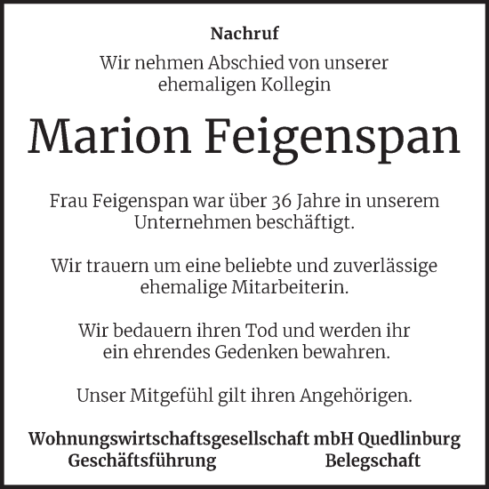 Traueranzeige von Marion Feigenspan von Mitteldeutsche Zeitung Quedlingburg