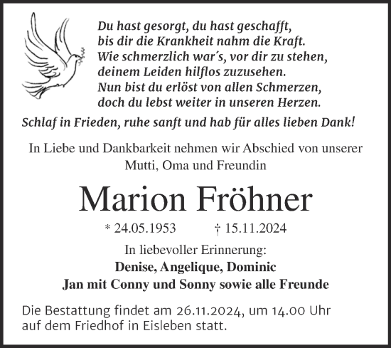 Traueranzeige von Marion Fröhner von Mitteldeutsche Zeitung Mansfelder Land