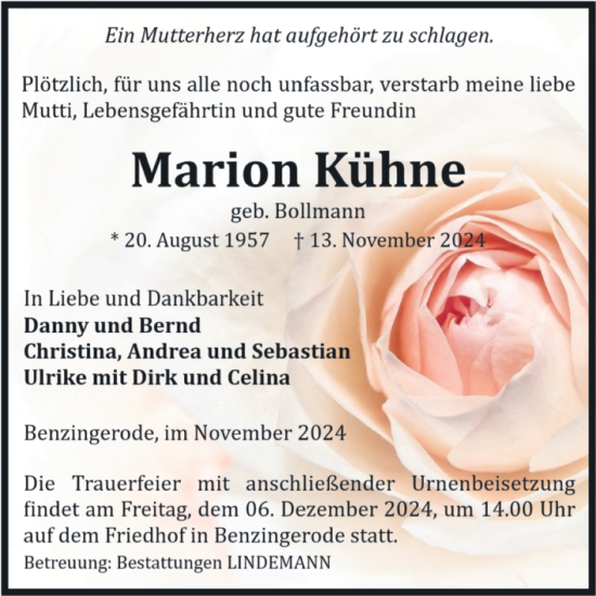 Traueranzeige von Marion Kühne von Volksstimme Wernigerode