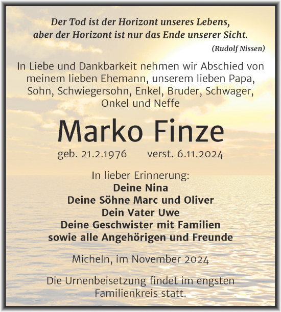 Traueranzeige von Marko Finze von Trauerkombi Köthen