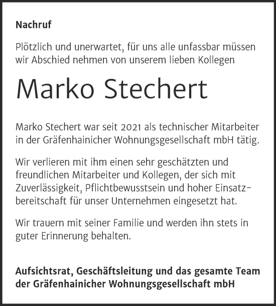 Traueranzeige von Marko Stechert von Super Sonntag Wittenberg
