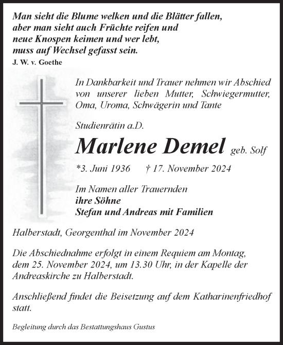 Traueranzeige von Marlene Demel von Volksstimme Halberstadt