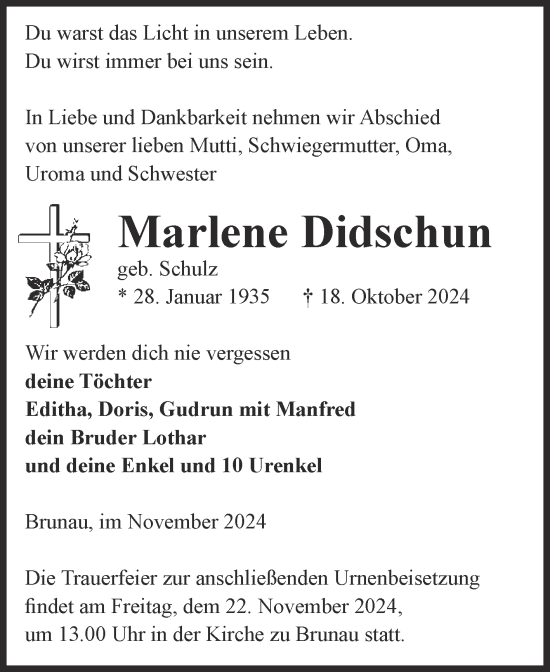 Traueranzeige von Marlene Didschun von Volksstimme Altmark Ost