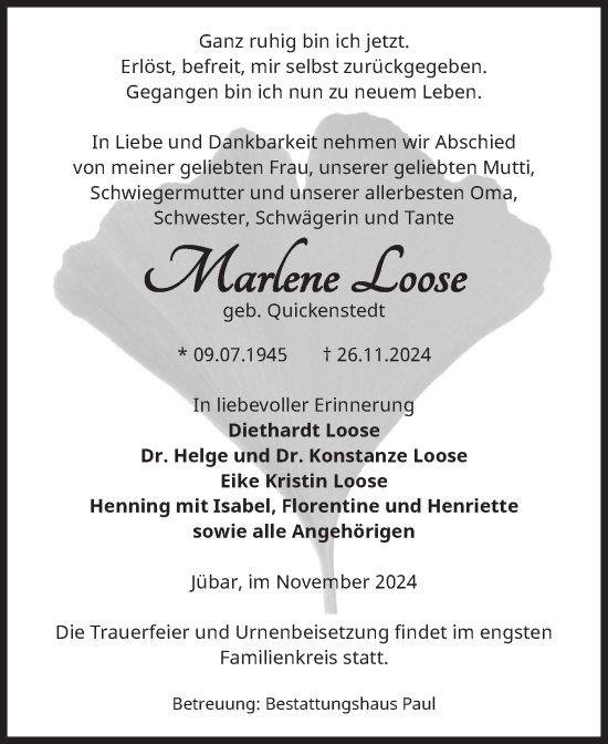 Traueranzeige von Marlene Loose von Volksstimme Altmark West
