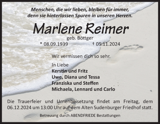 Traueranzeige von Marlene Reimer von Volksstimme Magdeburg