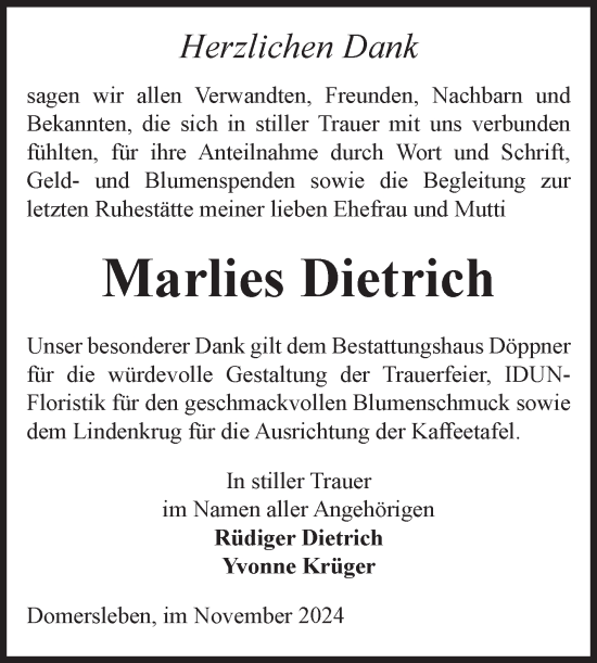 Traueranzeige von Marlies Dietrich von Volksstimme Oschersleben/Wanzleben