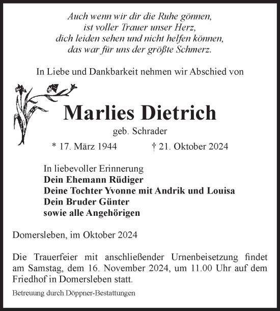 Traueranzeige von Marlies Dietrich von Volksstimme Oschersleben/Wanzleben
