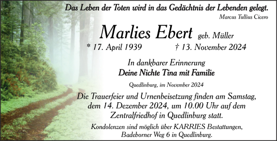 Traueranzeige von Marlies Ebert von Trauerkombi Quedlinburg