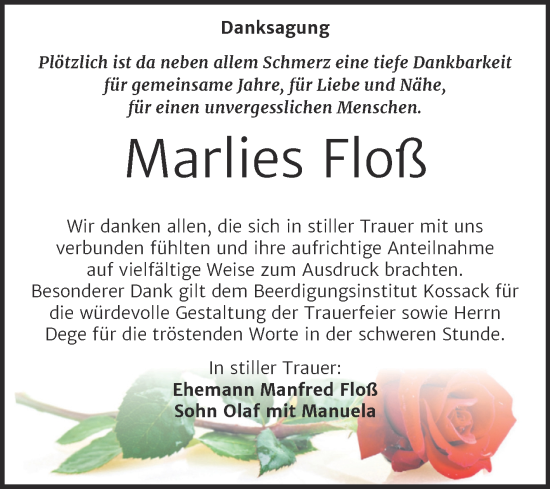 Traueranzeige von Marlies Floß von Trauerkombi Dessau