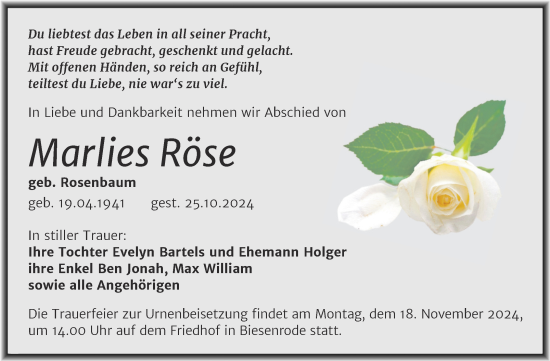 Traueranzeige von Marlies Röse von Trauerkombi Mansfelder Land