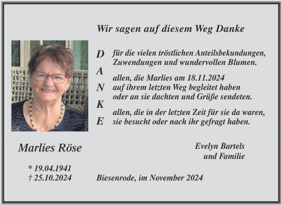 Traueranzeige von Marlies Röse von Trauerkombi Mansfelder Land
