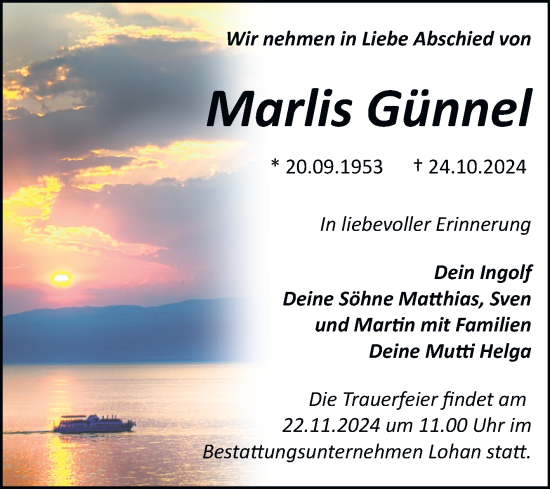 Traueranzeige von Marlis Günnel von Trauerkombi Bitterfeld