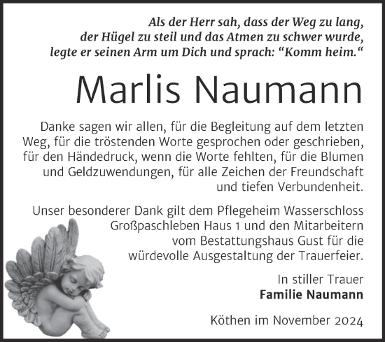 Traueranzeige von Marlis Naumann von Trauerkombi Köthen