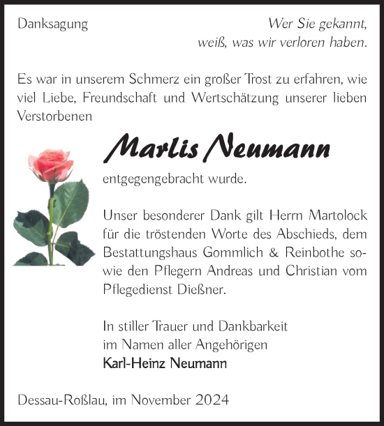 Traueranzeige von Marlis Neumann von Trauerkombi Dessau