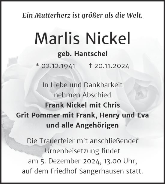 Traueranzeige von Marlis Nickel von Trauerkombi Sangerhausen