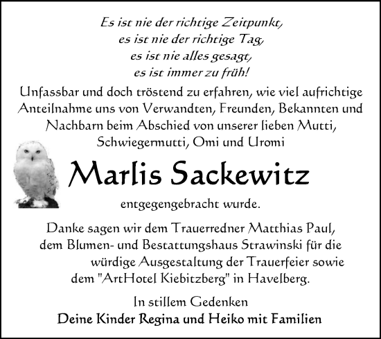Traueranzeige von Marlis Sackewitz von Volksstimme Altmark Ost