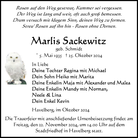Traueranzeige von Marlis Sackewitz von Volksstimme Altmark Ost