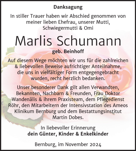 Traueranzeige von Marlis Schumann von Trauerkombi Bernburg