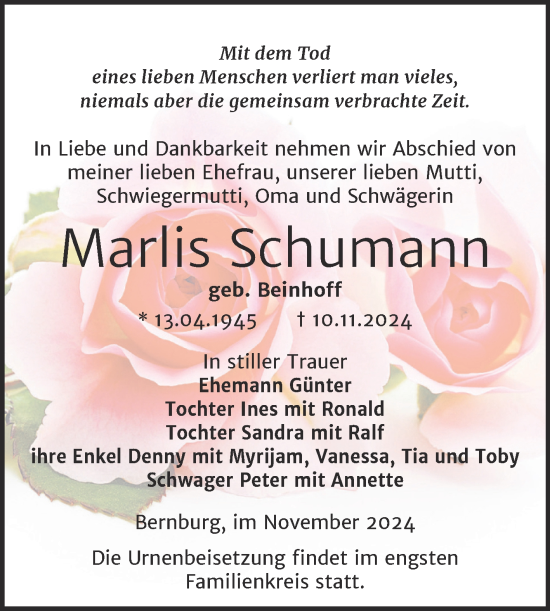 Traueranzeige von Marlis Schumann von Trauerkombi Bernburg