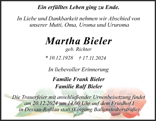 Traueranzeige von Martha Bieler von Trauerkombi Dessau