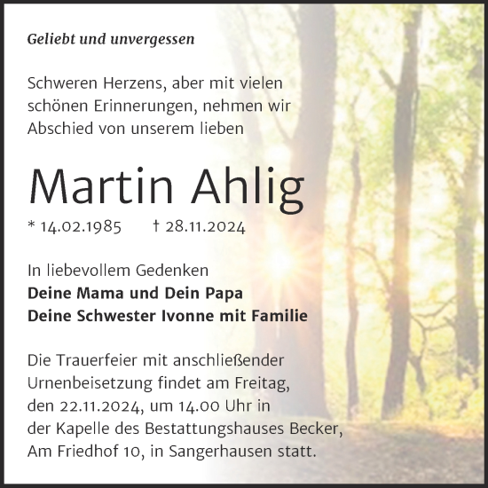 Traueranzeige von Martin Ahlig von Trauerkombi Sangerhausen